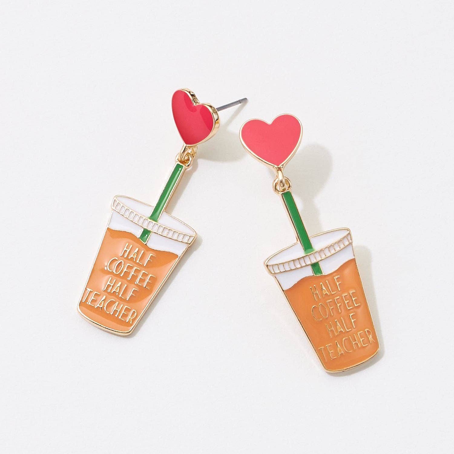 Half Coffee and Half Teacher Enamel Post Earrings - BE3876, Gold - Bexa Boutique