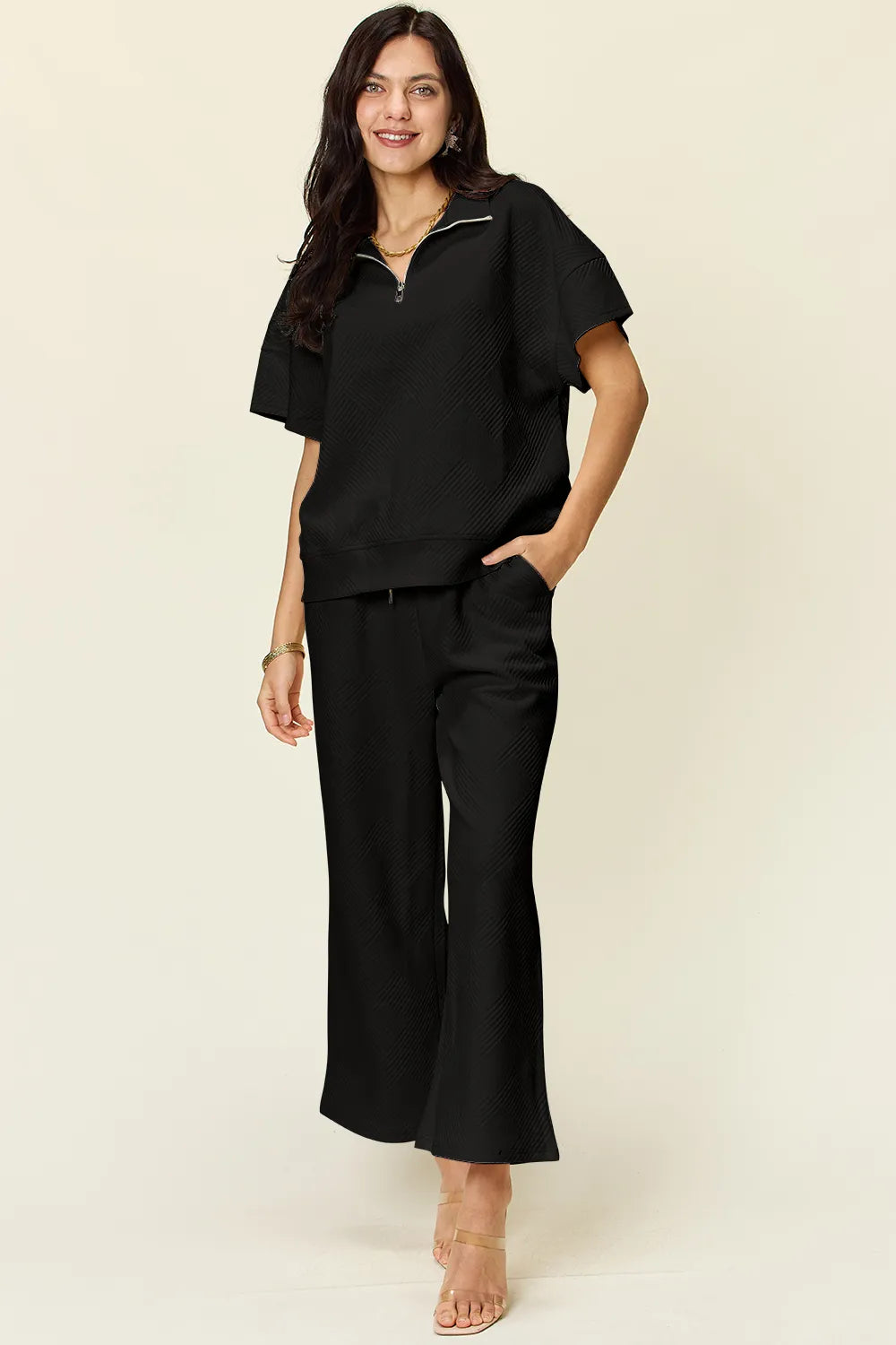Double Take Full Size Texture Half Zip Short Sleeve Top and Pants Set - Black - Bexa Boutique