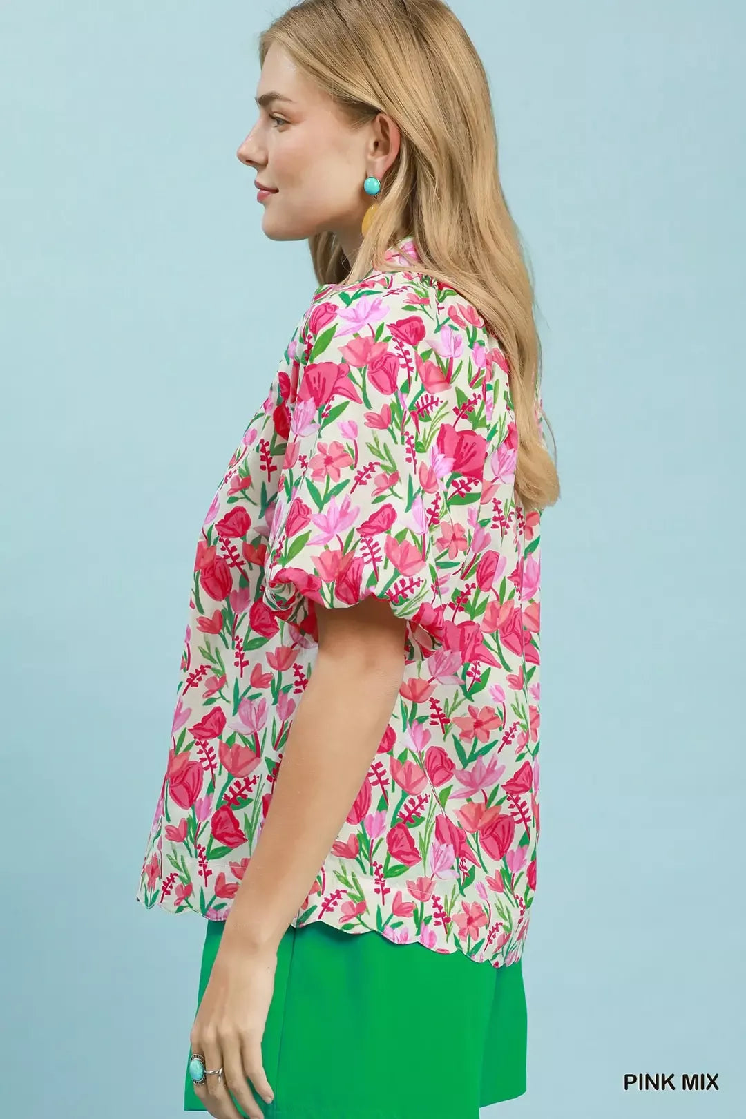 Umgee Floral Puff Sleeve Blouse with Scalloped Details - PINK MIX - Bexa Boutique
