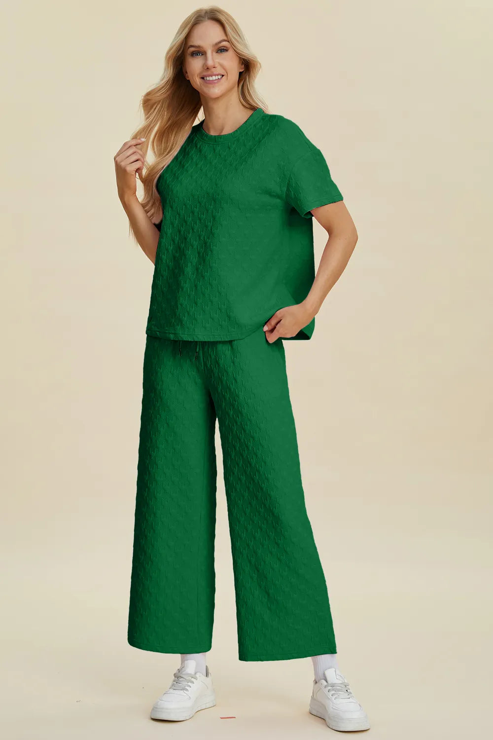 Double Take Full Size Texture Round Neck Short Sleeve Top and Pants Set - Dark Green - Bexa Boutique