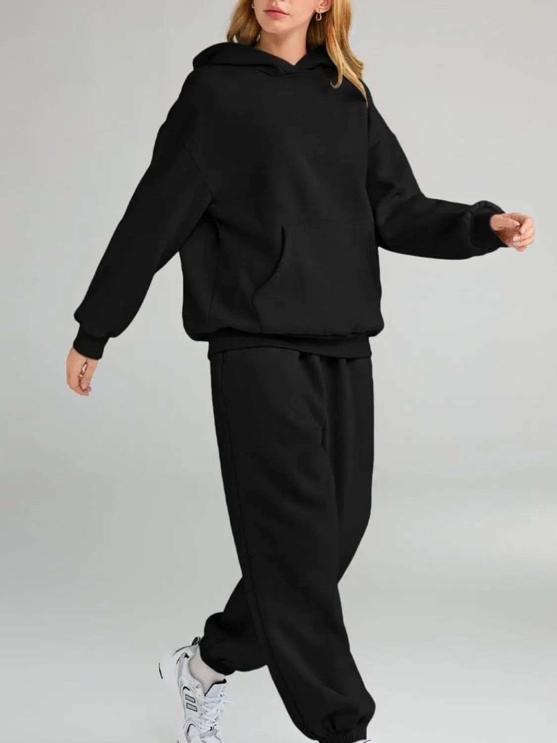 Full Size Kangaroo Pocket Hoodie and Joggers Set Plus Size - Black - Bexa Boutique