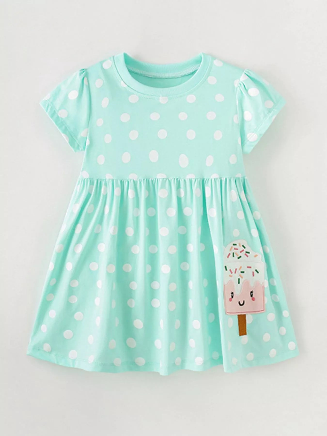 Children's Cute Ice Cream Applique Polka Dot Dress - Green Green - Bexa Boutique
