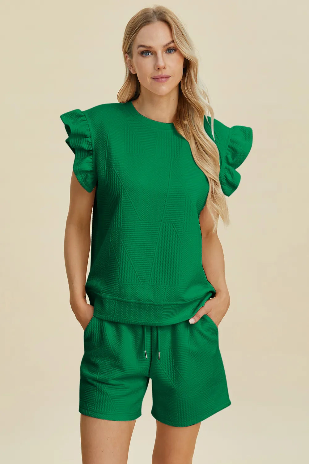 Double Take Full Size Texture Round Neck Ruffle Sleeve Top and Shorts Set - Dark Green - Bexa Boutique