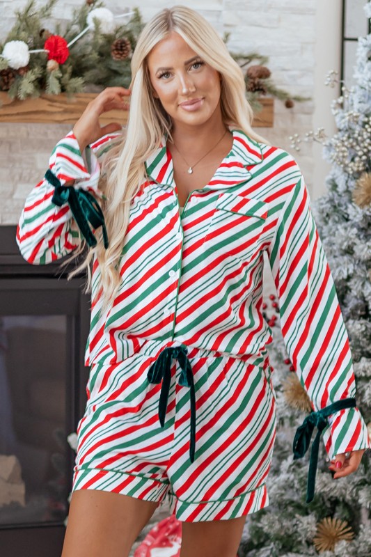 Christmas Stripe Velvet Bow Cuffs Pajama Set - Green Stripe - Bexa Boutique