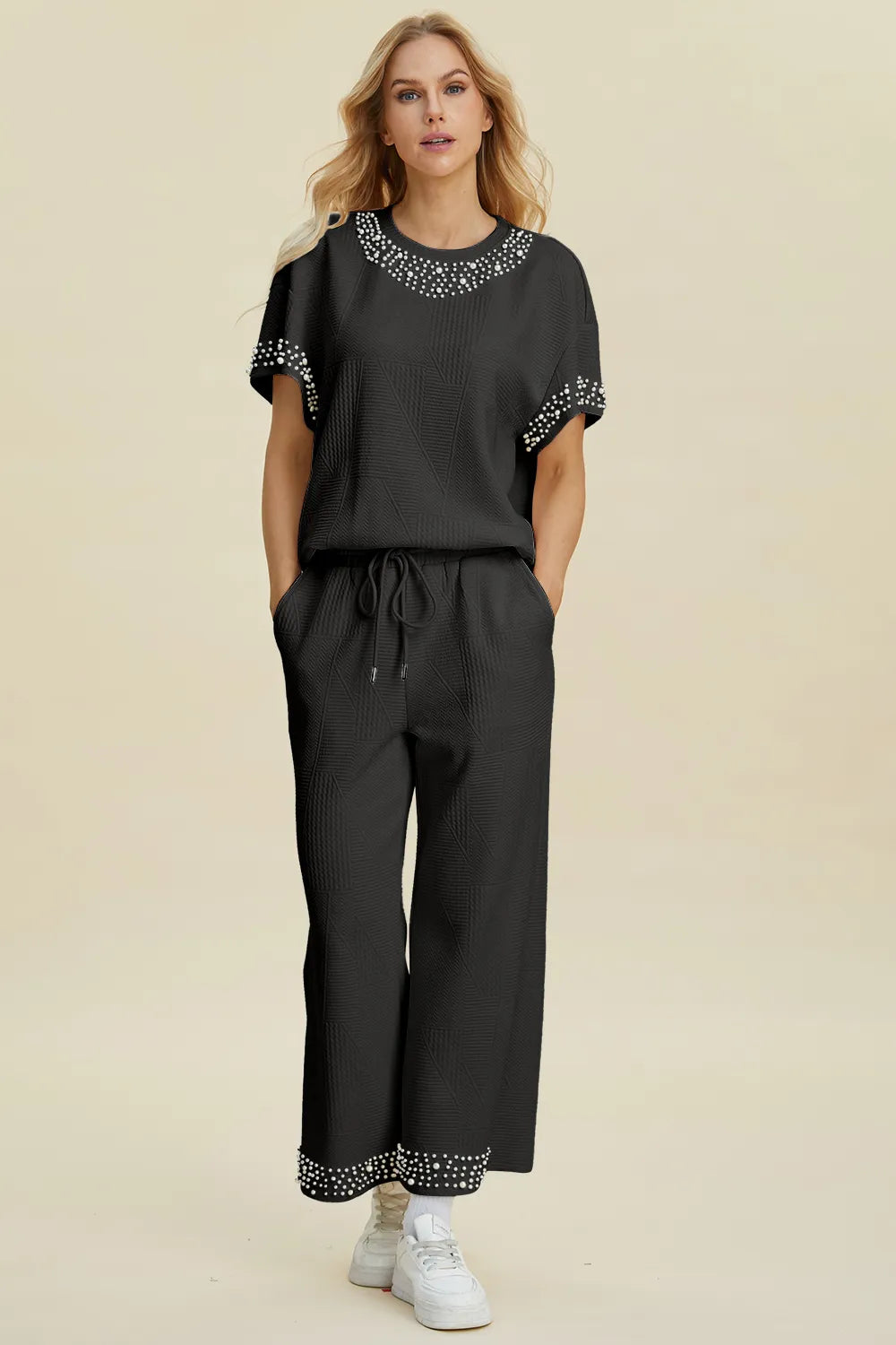 Double Take Full Size Pearl Detail Round Neck Top and Pants Set - Black - Bexa Boutique