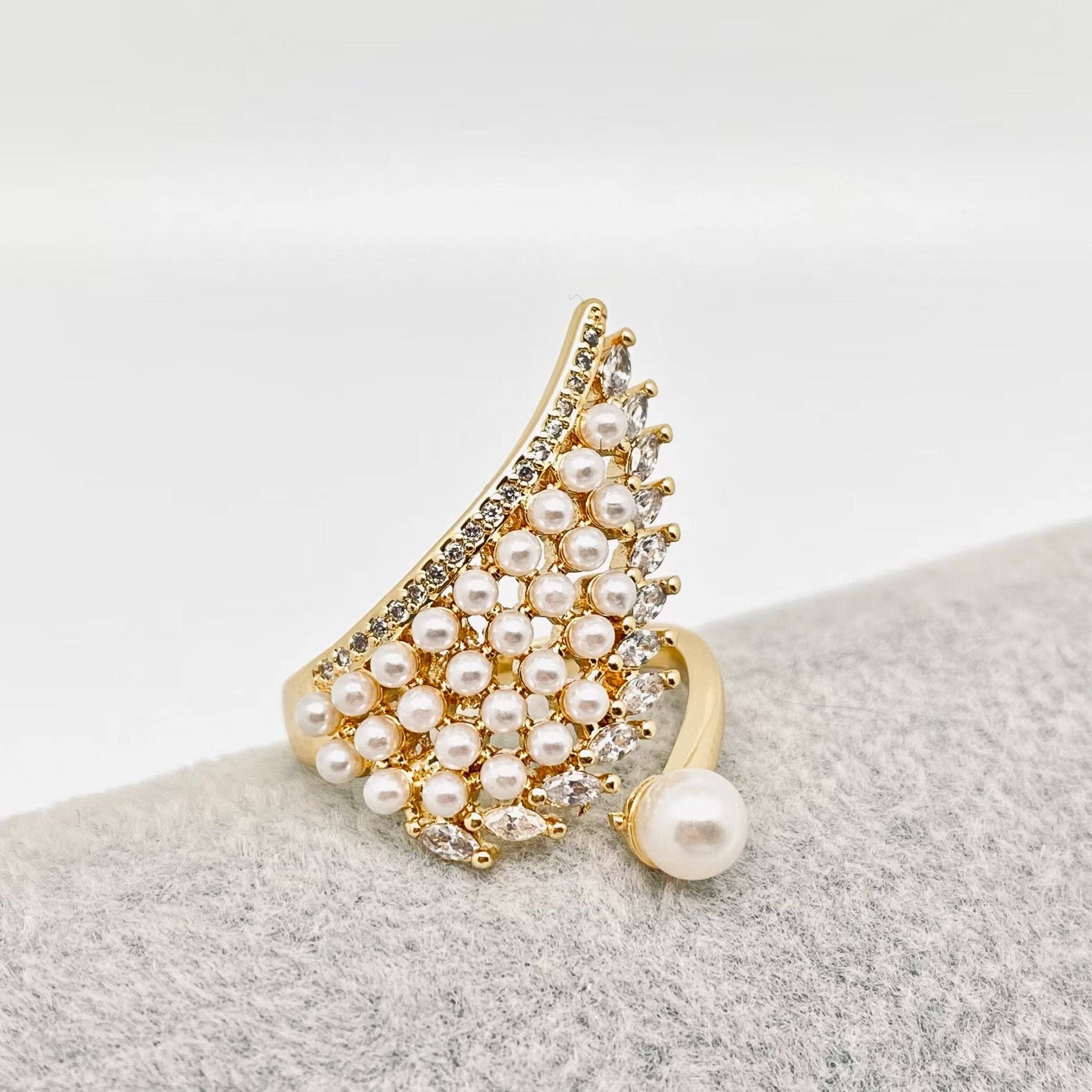 Angel Wings CZ Pearl Adjustable Ring with 18K Gold Plating - Bexa Boutique