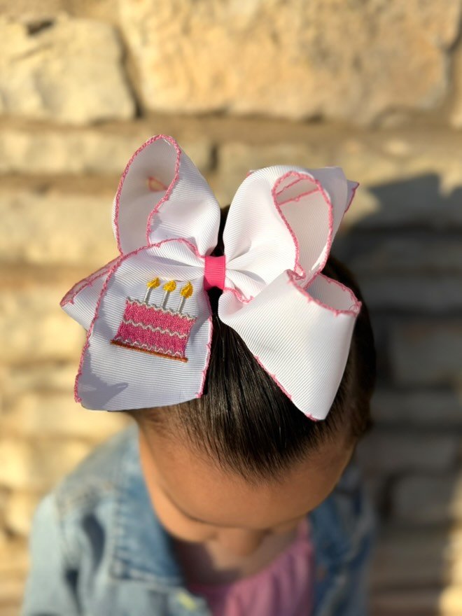 Birthday Cake Embroidered Moonstitch Hair Bow | Clip or Headband - Clip - Bexa Boutique