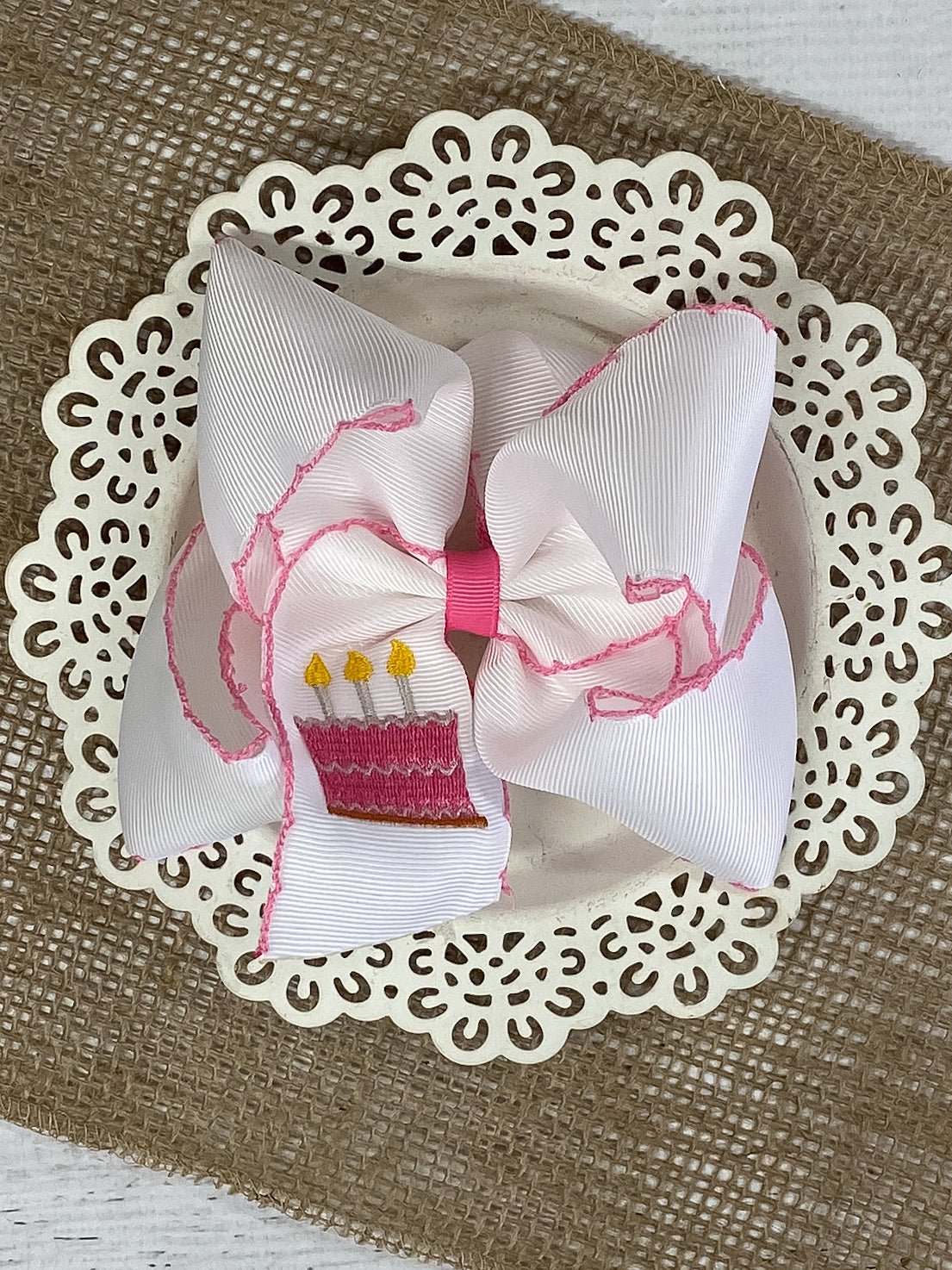 Birthday Cake Embroidered Moonstitch Hair Bow | Clip or Headband - Clip - Bexa Boutique