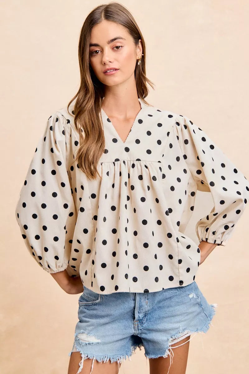 BiBi Polka Dot Corduroy Quarter Sleeves V Neck Blouse - IVORY/BLACK - Bexa Boutique