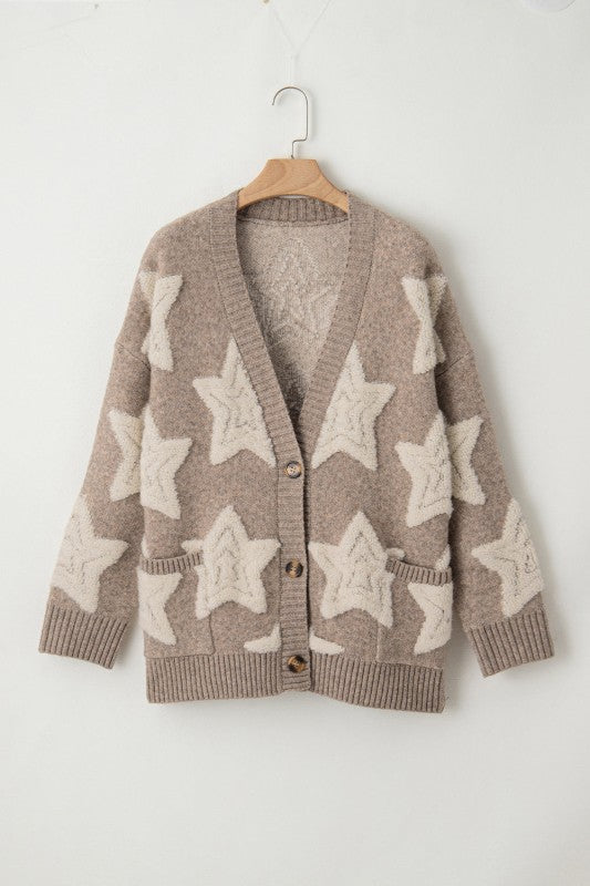 Star Sherpa Textured Buttoned Sweater Cardigan - Green - Bexa Boutique
