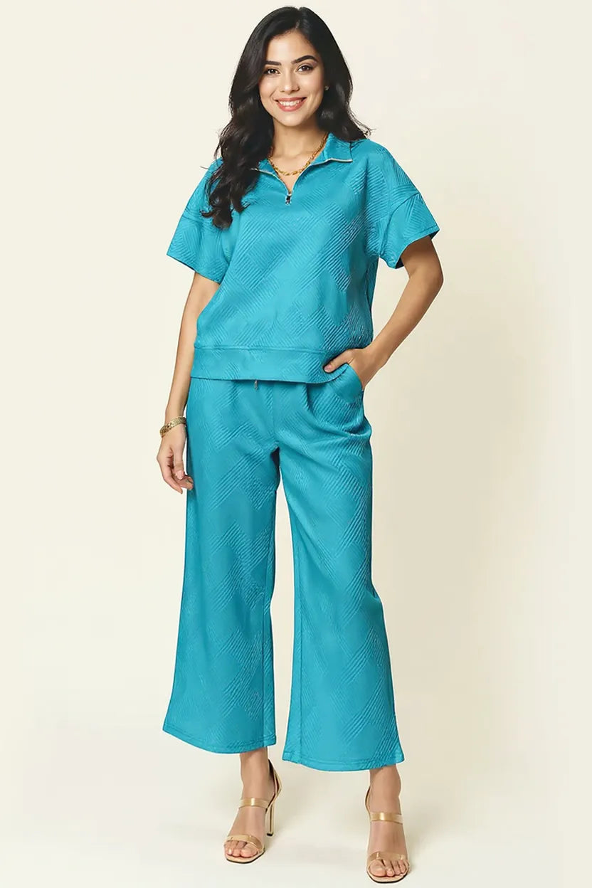 Double Take Full Size Texture Half Zip Short Sleeve Top and Pants Set - Light Blue - Bexa Boutique