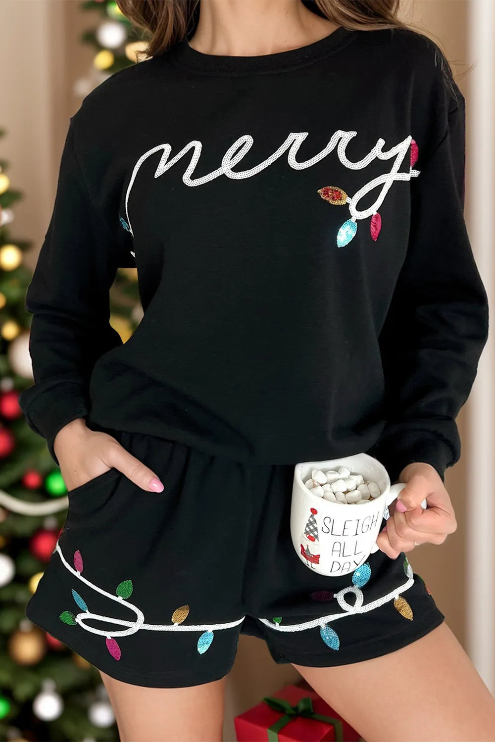 MERRY Sequin Round Neck Long Sleeve Top and Shorts Set - Black - Bexa Boutique