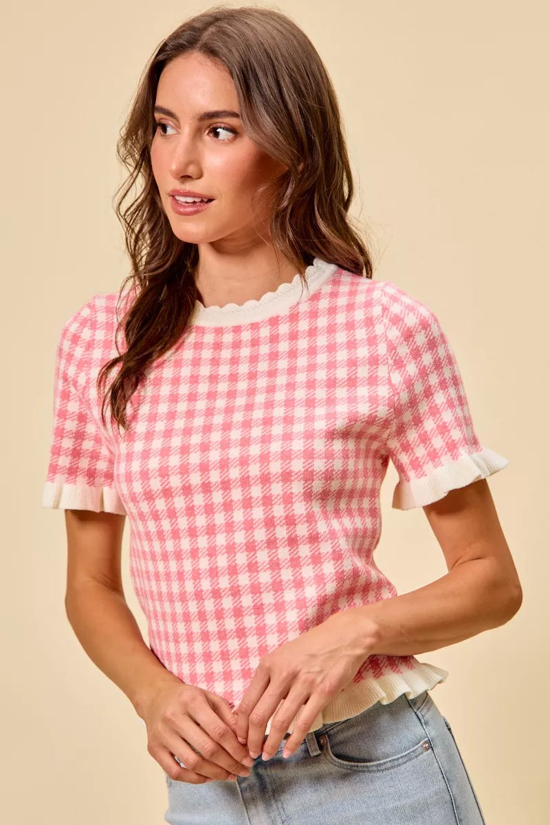 SO ME Gingham Knit Ruffled Short Sleeves Sweater Top - PINK - Bexa Boutique