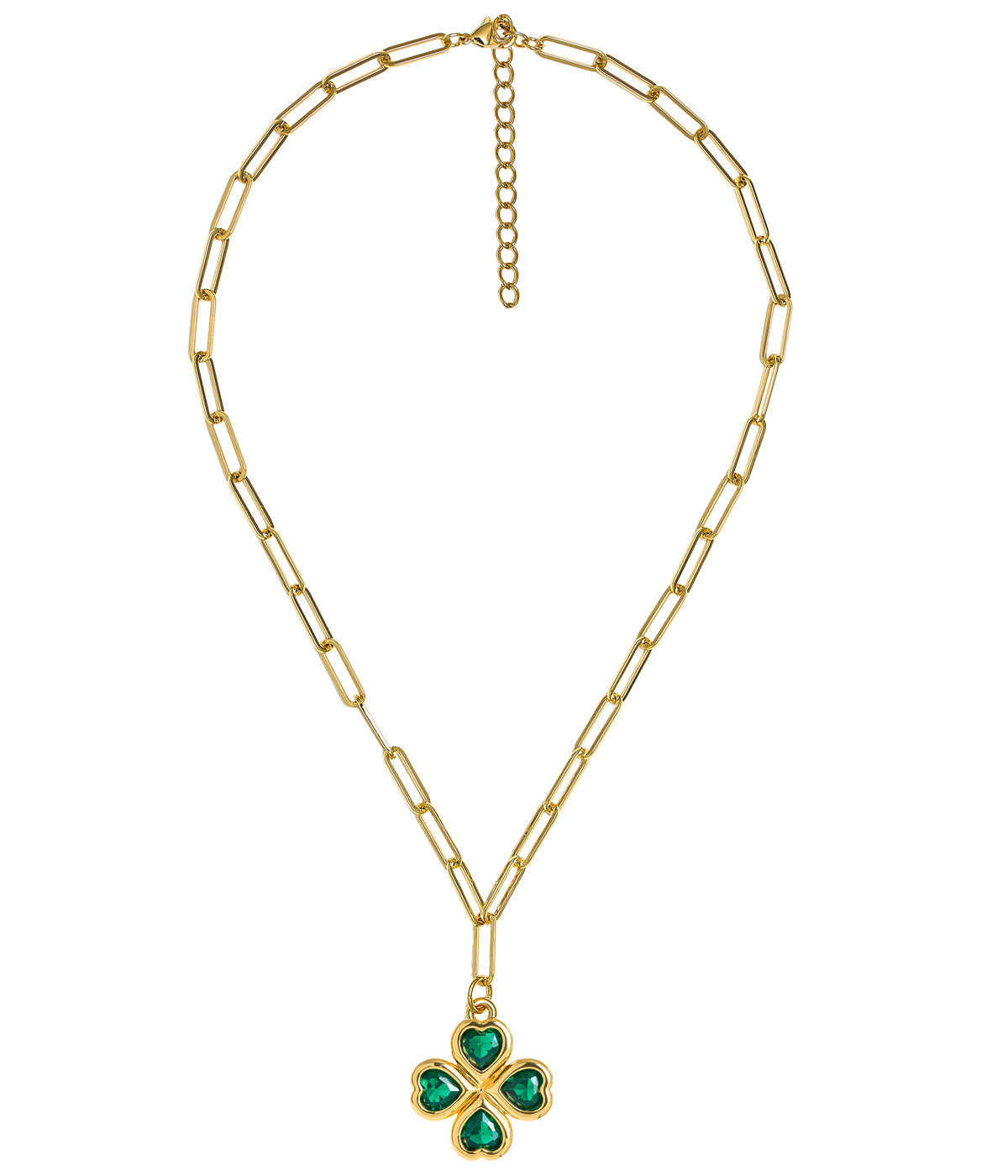 Jamie Clover Necklace- PaperClip Chain- 18k Plated - Emerald - Bexa Boutique