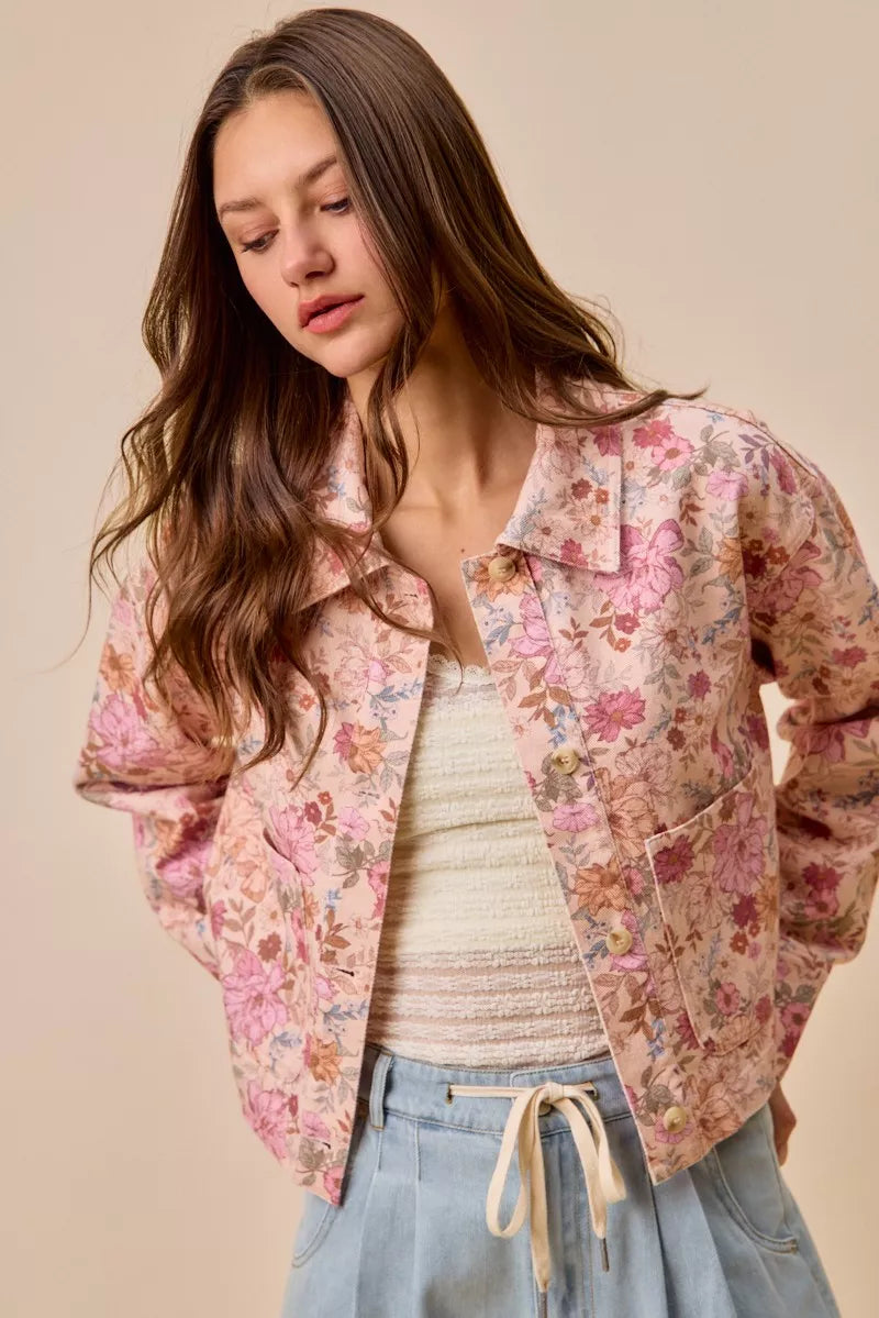 SO ME Floral Print Cotton Twill Button Down Barn Jacket - Blush Pink - Bexa Boutique