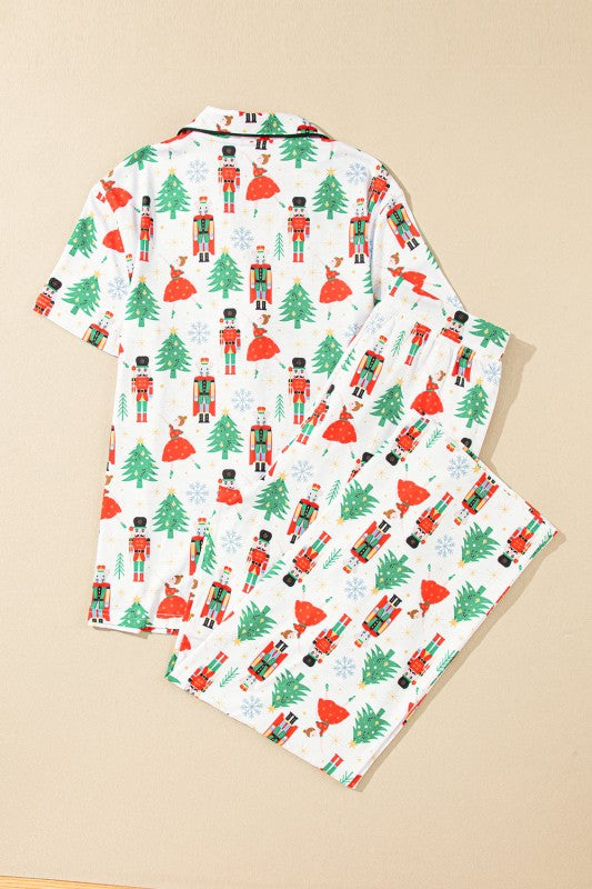 Christmas Trees & Nutcracker Buttoned Pajama Set - White Printed - Bexa Boutique