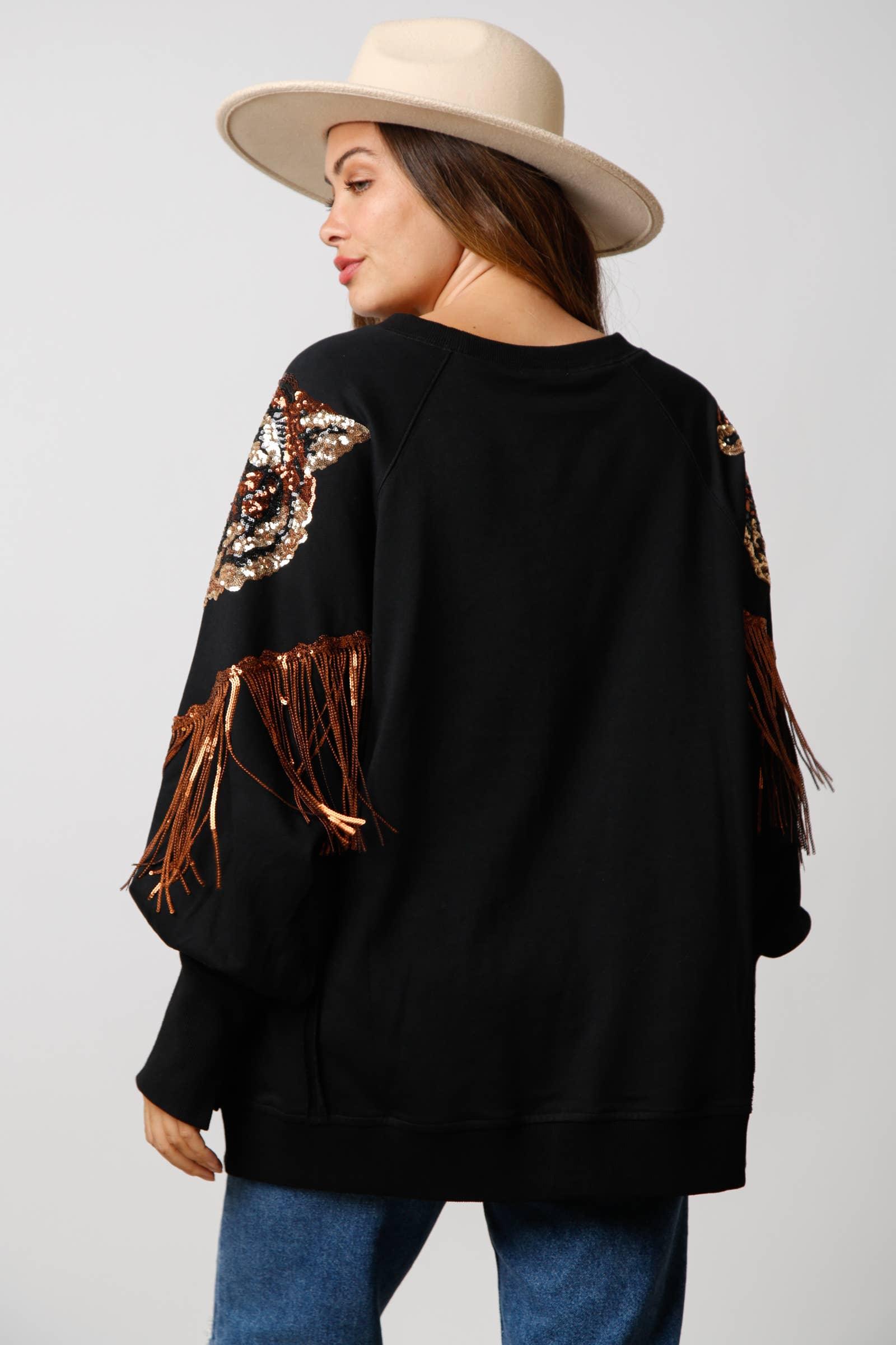 Loose Sweatshirt W/ Sequin Shoulder Tiger & Fringe - IFKT54444-01 - Preorders: BLACK/BROWN / S - Bexa Boutique