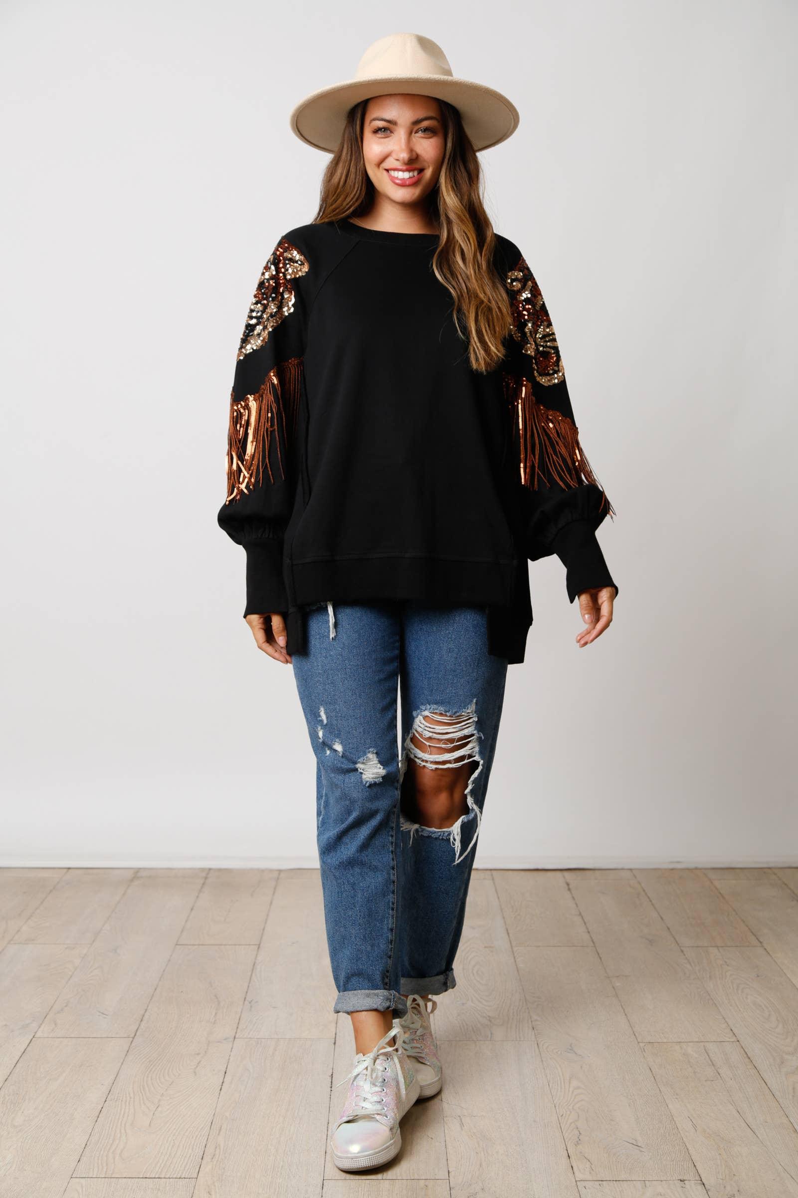 Loose Sweatshirt W/ Sequin Shoulder Tiger & Fringe - IFKT54444-01 - Preorders: BLACK/BROWN / S - Bexa Boutique