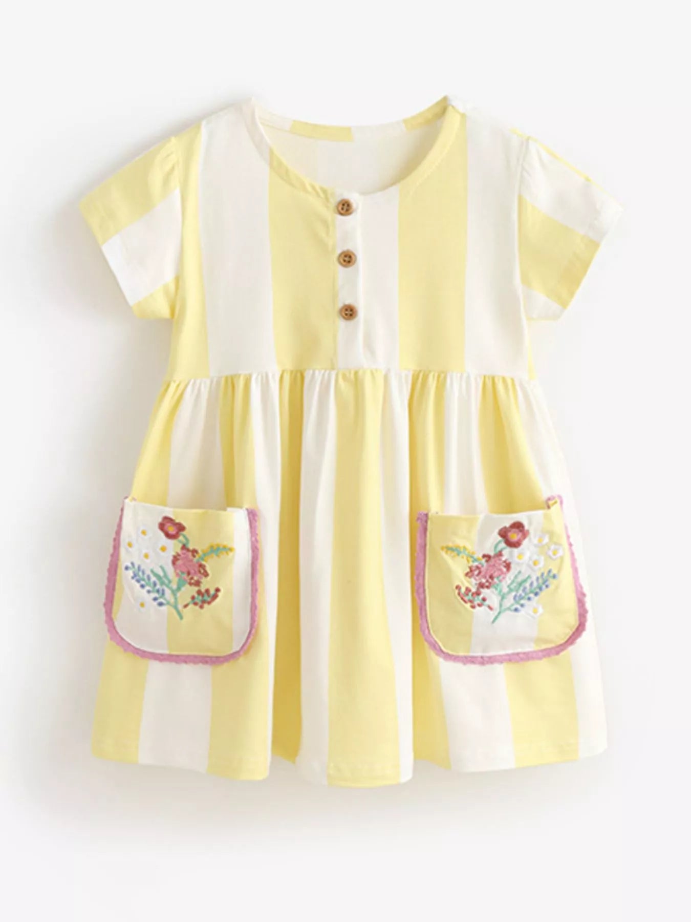 Children's Striped Summer Dress with Floral Pockets - Yellow - Bexa Boutique
