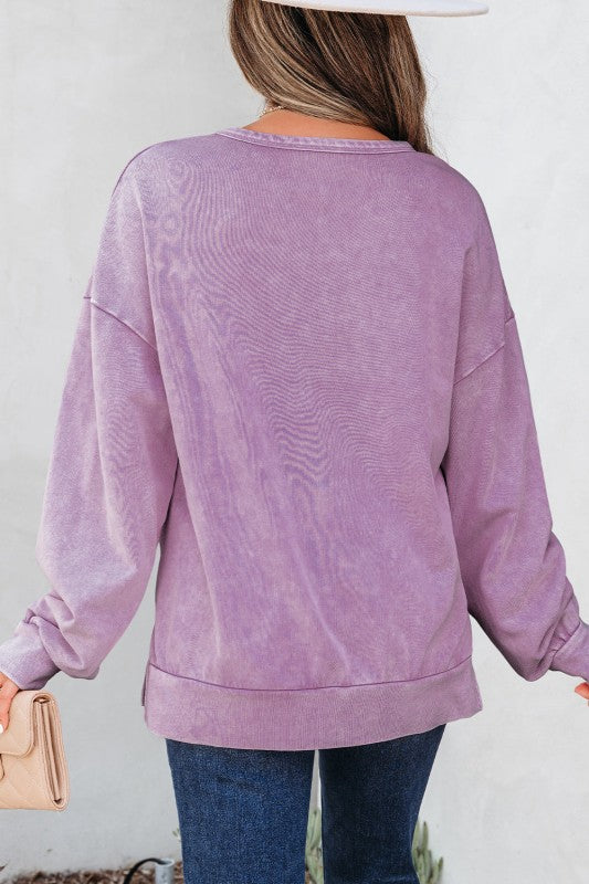 Solid Bow Patchwork Mineral Wash Sweatshirt - Bright Pink - Bexa Boutique