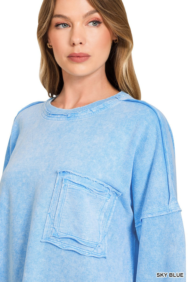 Zenana Halo Washed French Terry Exposed-seam Sweatshirt - SKY BLUE - Bexa Boutique