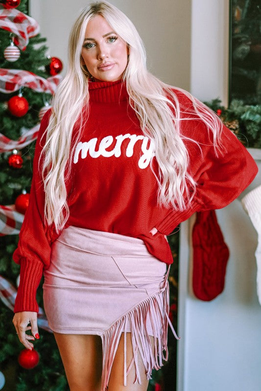 Christmas Merry Embroidered Puff Sleeve Turtleneck - Blackish Green - Bexa Boutique