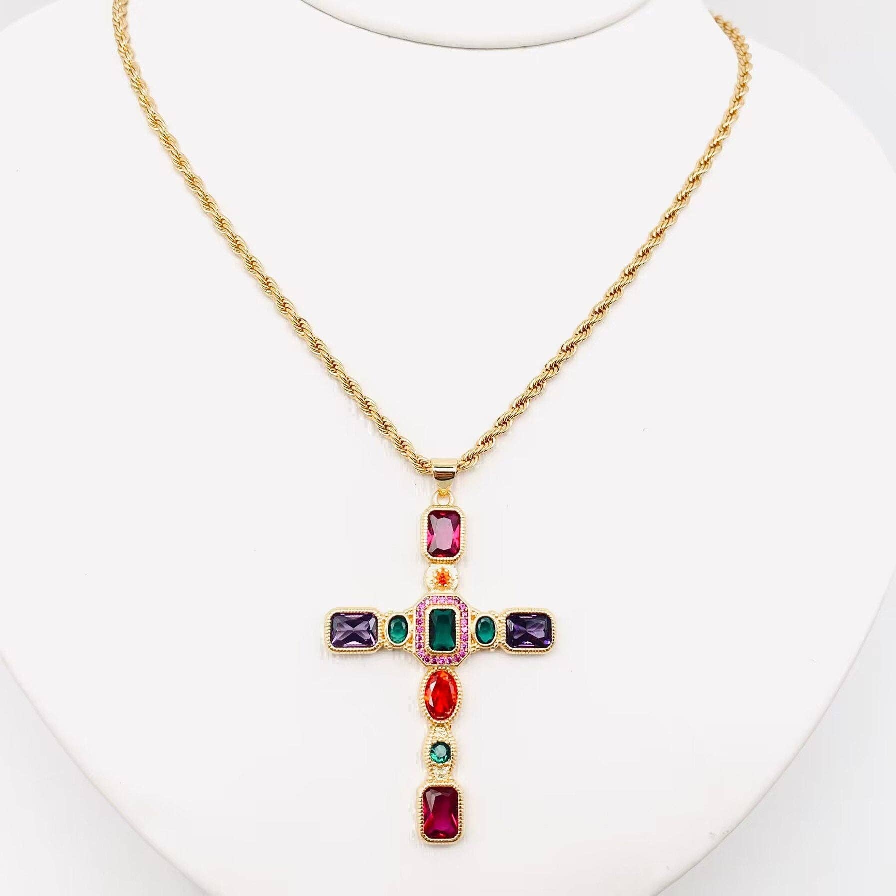 Colored Cubic Zirconia Cross 18KGold Plated Pendant Necklace - Bexa Boutique