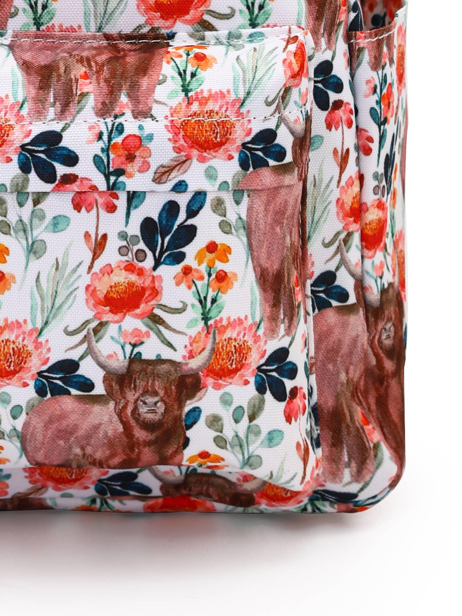 Orange Floral Highland Cow Western Girls Backpack
