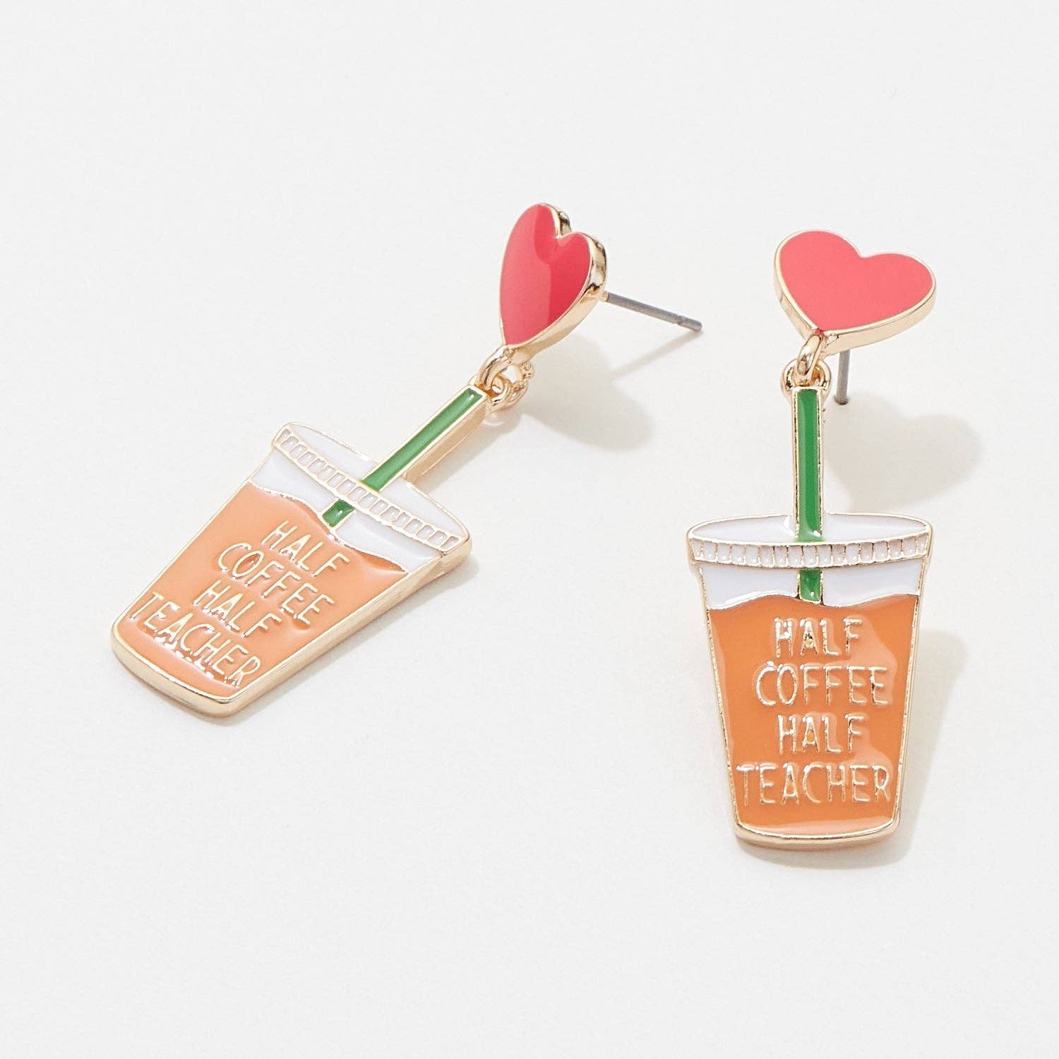 Half Coffee and Half Teacher Enamel Post Earrings - BE3876, Gold - Bexa Boutique