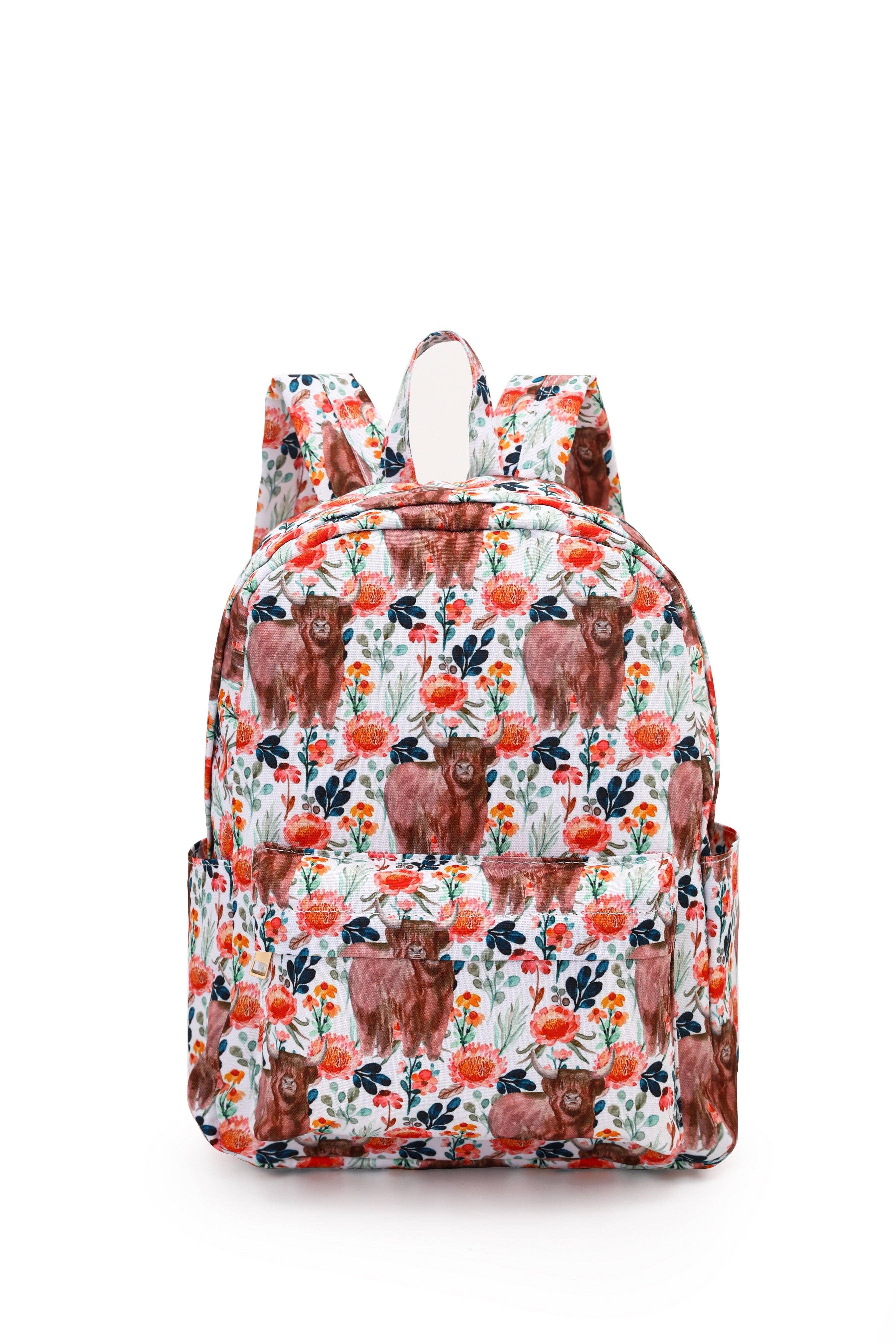 Orange Floral Highland Cow Western Girls Backpack