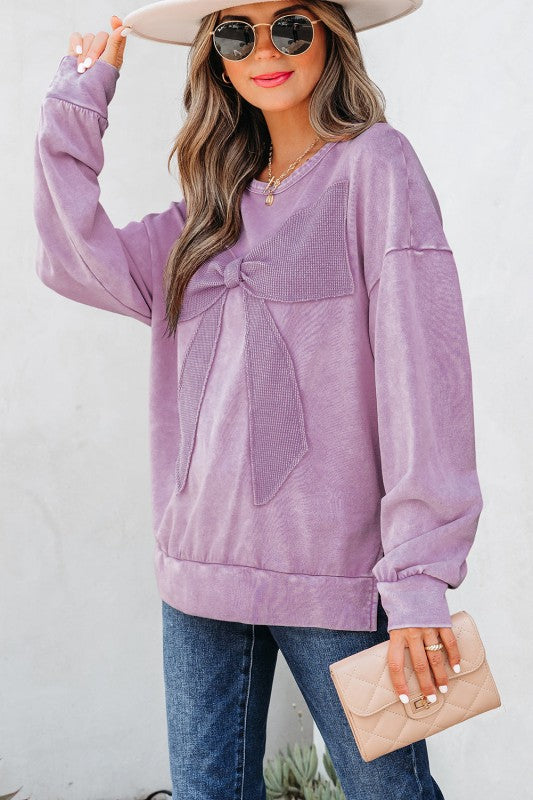 Solid Bow Patchwork Mineral Wash Sweatshirt - Bright Pink - Bexa Boutique