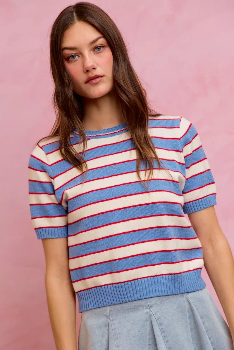 SO ME Stripe Knit Crew Neck Short Sleeves Sweater Top - Blue/Red - Bexa Boutique