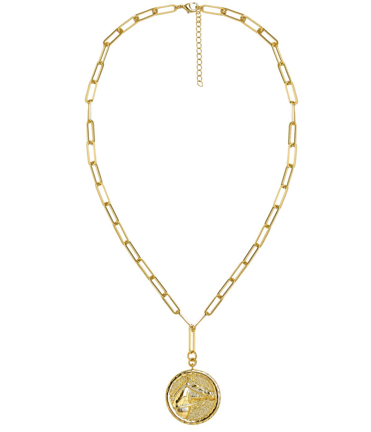 Horsehead Disc Charm Necklace - Paperclip Chain - 18k Gold Plated - Bexa Boutique