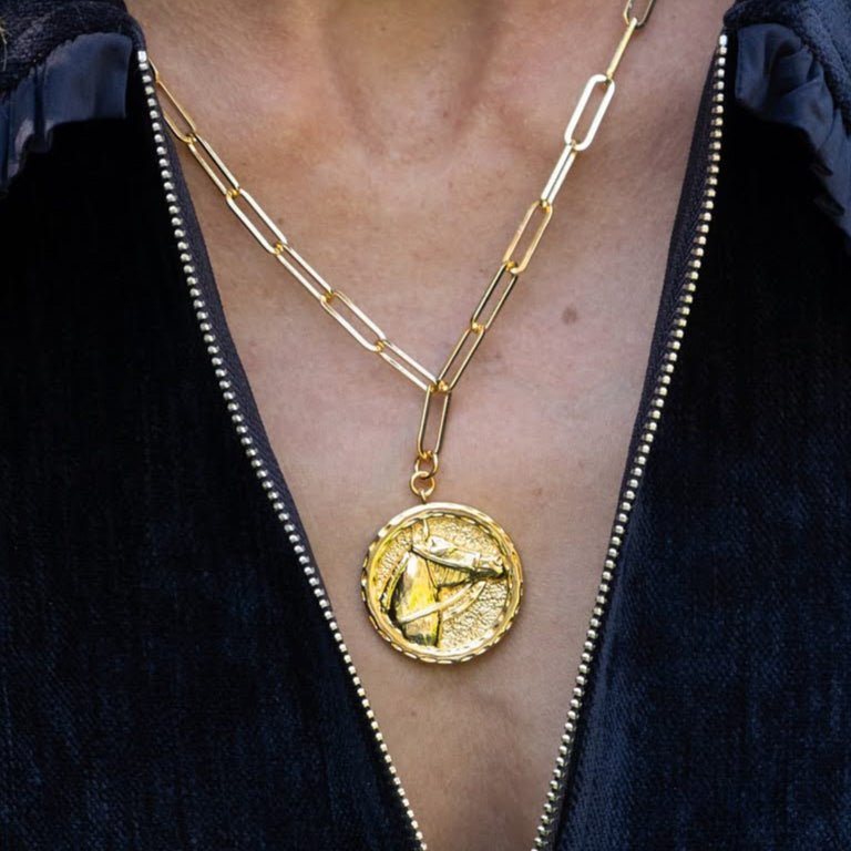 Horsehead Disc Charm Necklace - Paperclip Chain - 18k Gold Plated - Bexa Boutique