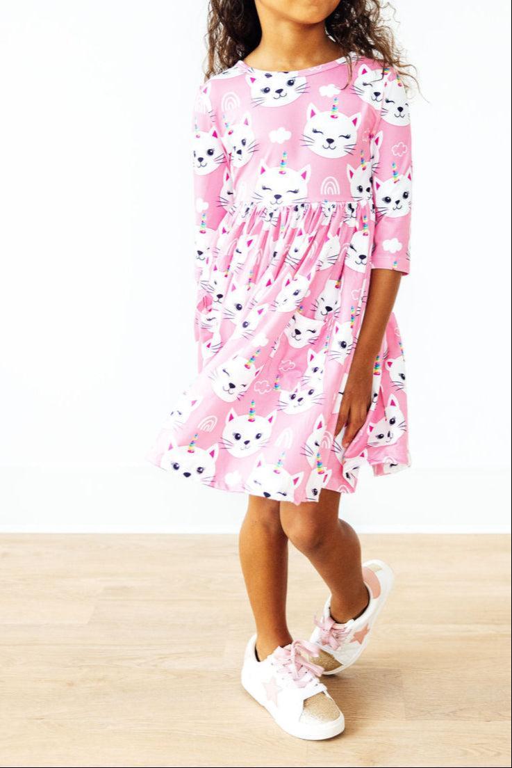 Unicorn Kitties 3/4 Sleeve Pocket Twirl Dress
