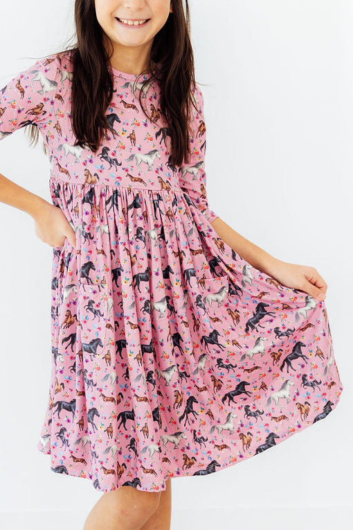 Petals & Ponies 3/4 Sleeve Pocket Twirl Dress - Bexa Boutique