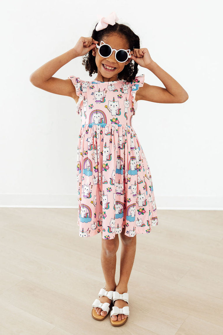 Rainbow Purr-fection Flutter Sleeve Twirl Dress - Bexa Boutique