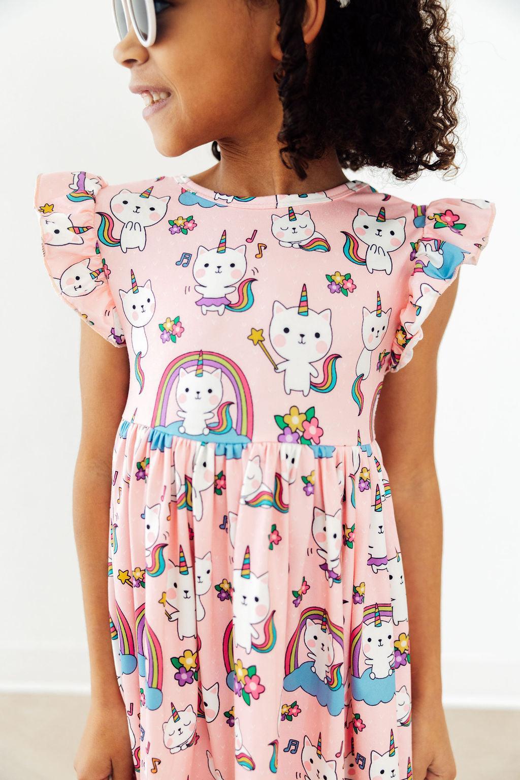 Rainbow Purr-fection Flutter Sleeve Twirl Dress - Bexa Boutique