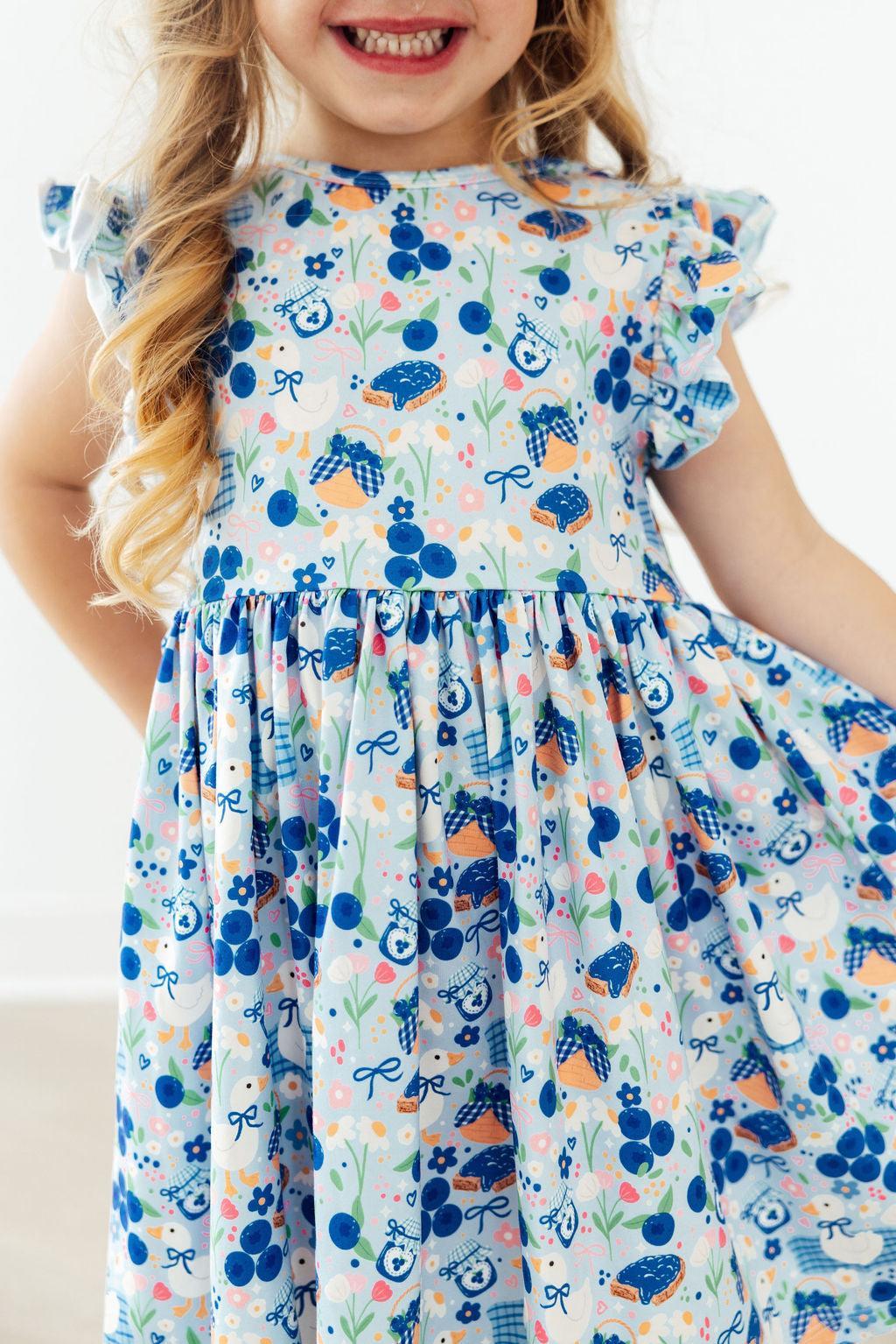 Blueberry Picnic Flutter Sleeve Twirl Dress - Bexa Boutique