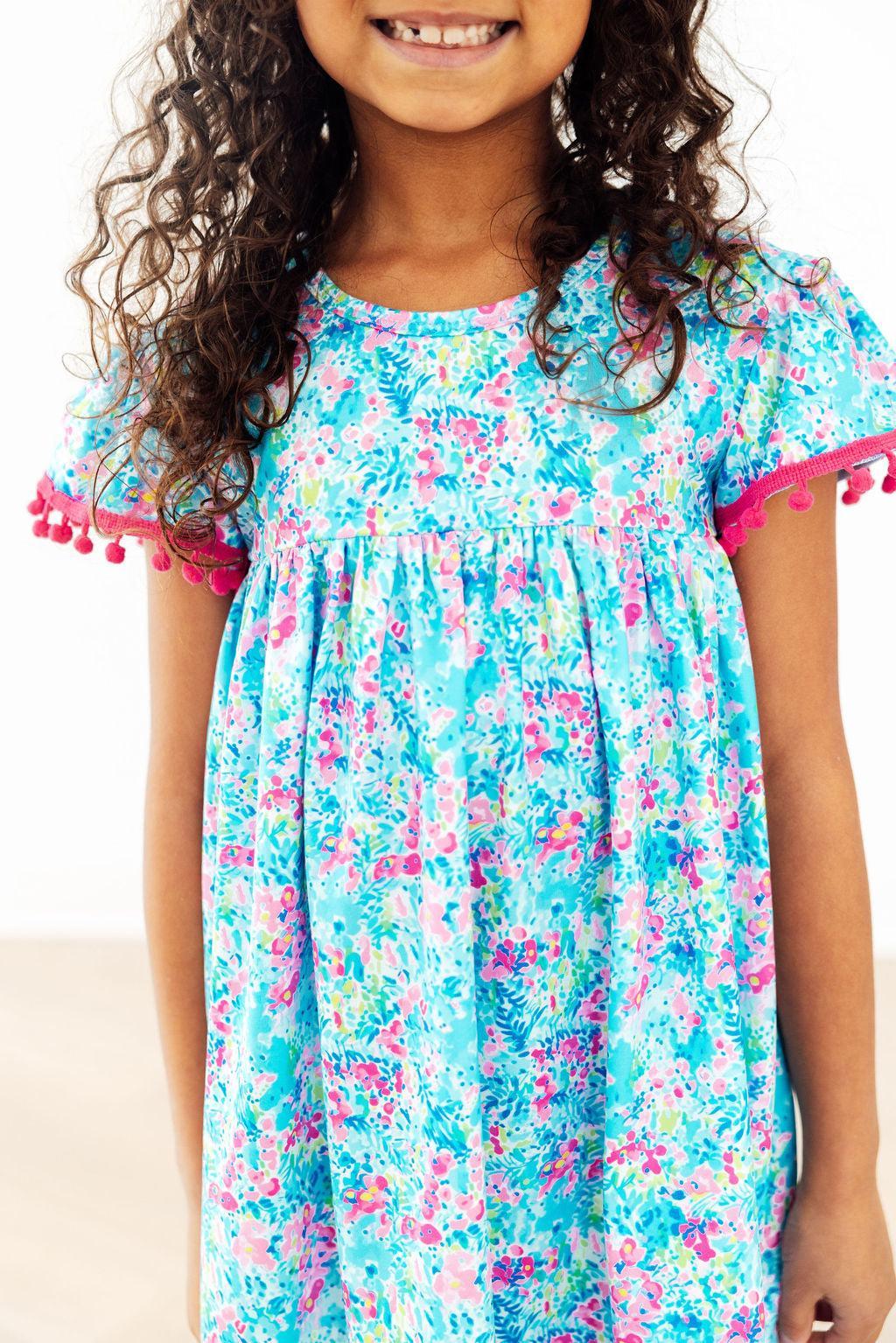 Aqua Garden Pom Pom Dress - Bexa Boutique