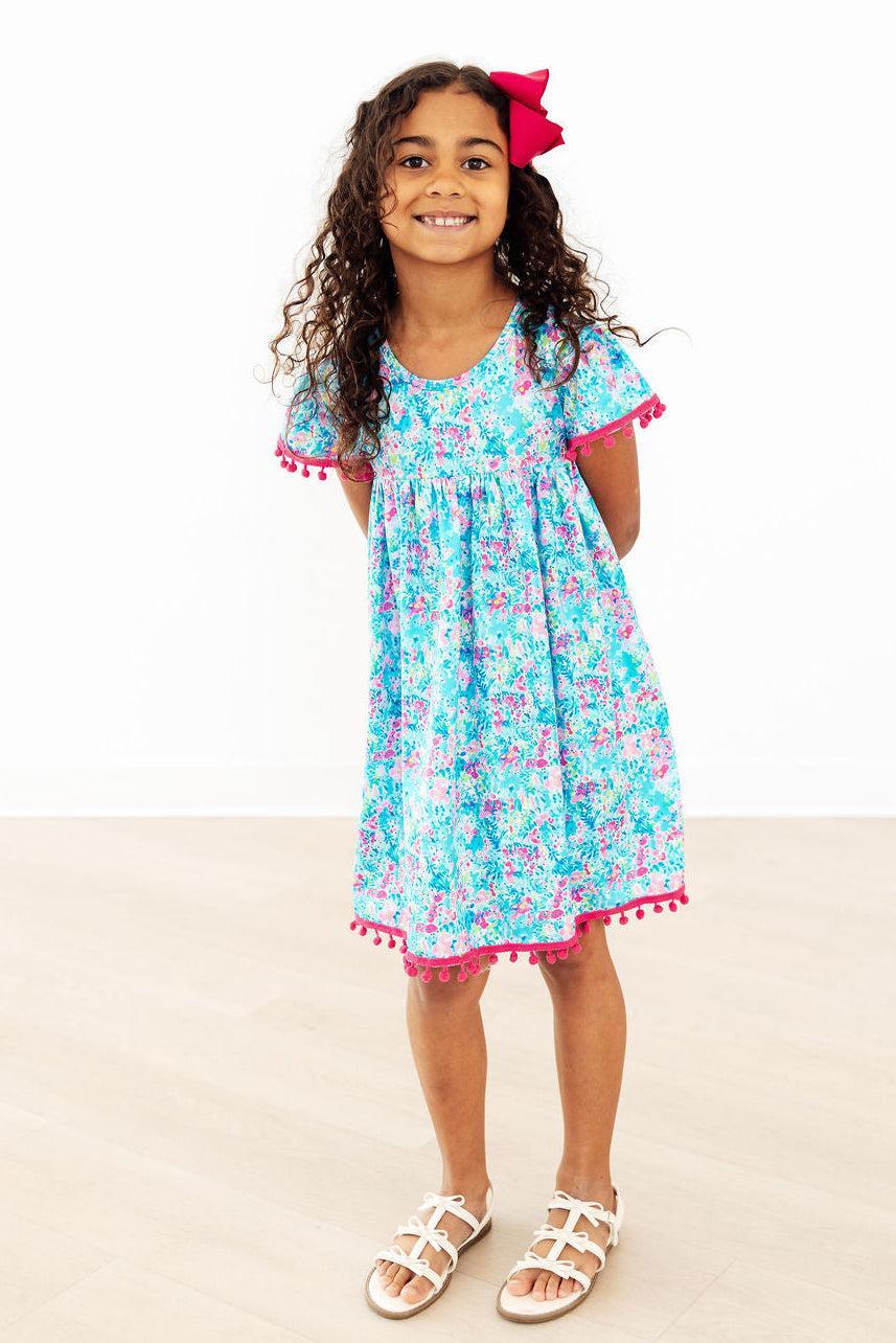 Aqua Garden Pom Pom Dress - Bexa Boutique