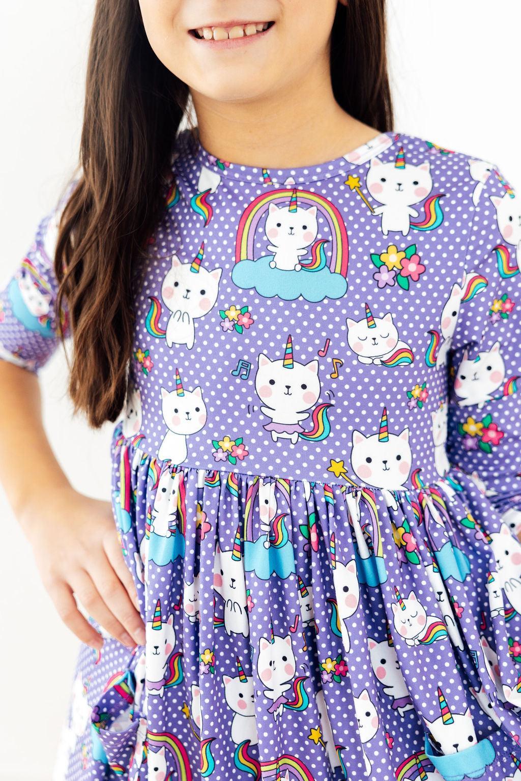 Kitties in the Clouds 3/4 Sleeve Pocket Twirl Dress - Bexa Boutique