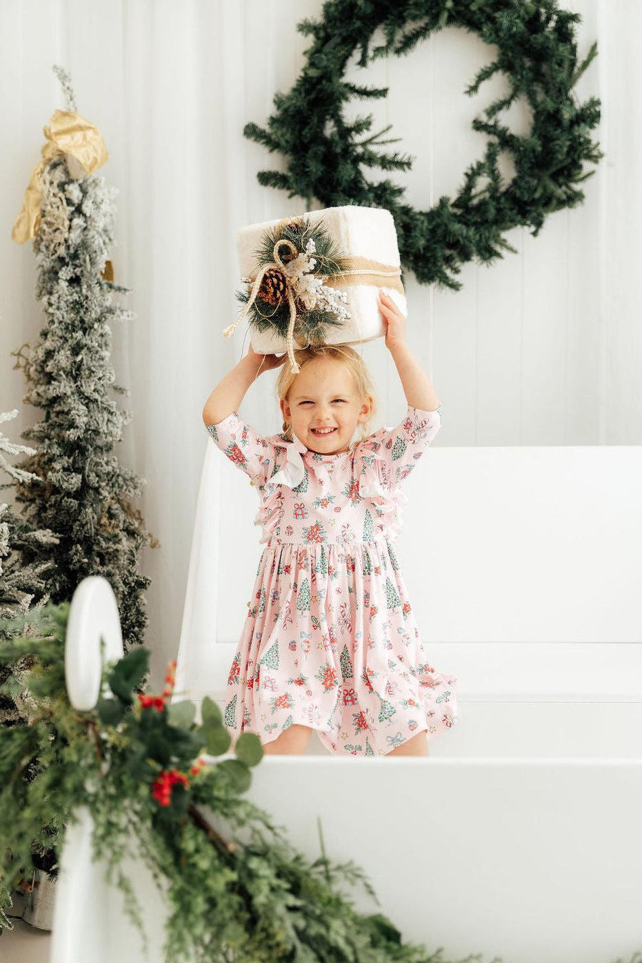 Pink Christmas 3/4 Sleeve Ruffle Twirl Dress - Bexa Boutique