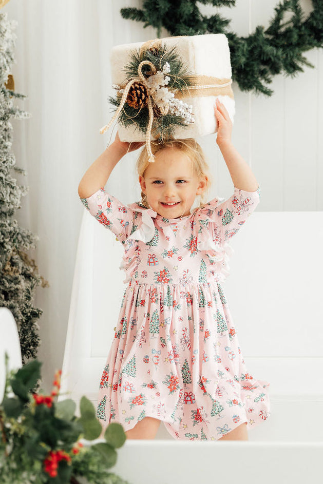 Pink Christmas 3/4 Sleeve Ruffle Twirl Dress - Bexa Boutique