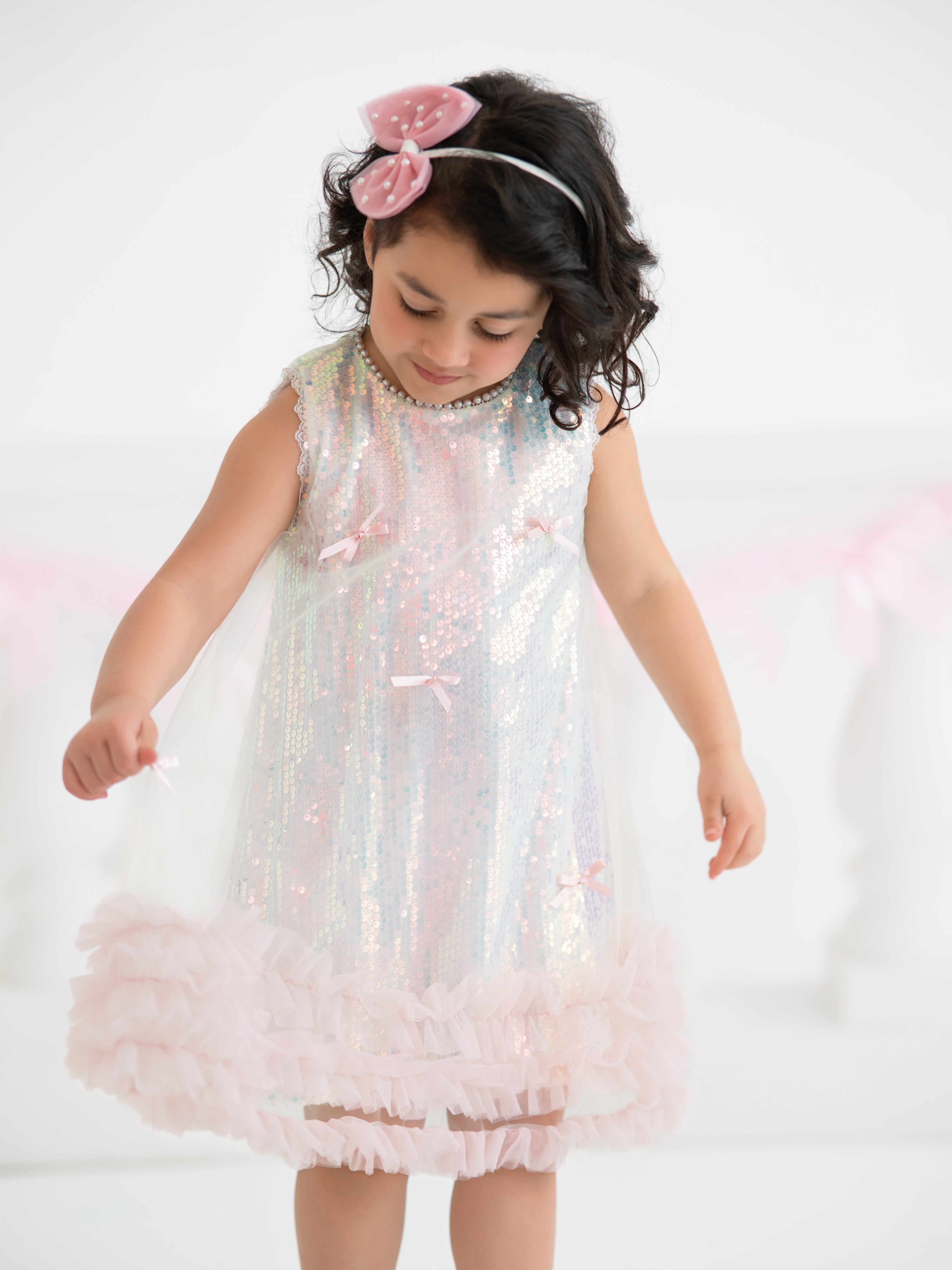 Iridescent Sequin Bow Ruffle Tulle Girls Dress - Bexa Boutique
