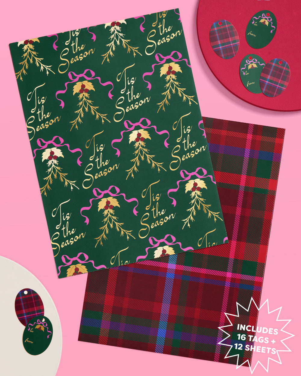 Tis the Season Wrapping Paper - 12 sheets + 16 tags - Bexa Boutique