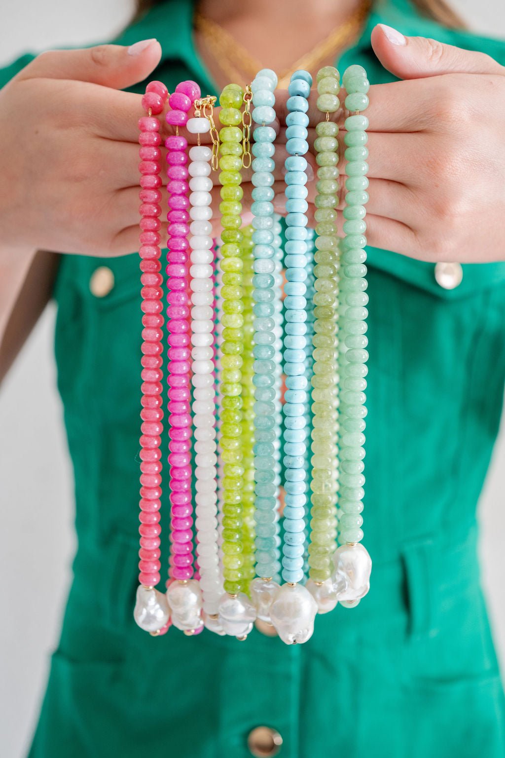 Susie- Quartz Beaded Necklace with freshwater Pearl - Emerald - Bexa Boutique