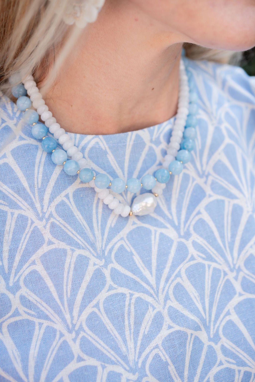 Susie- Quartz Beaded Necklace with freshwater Pearl - Emerald - Bexa Boutique