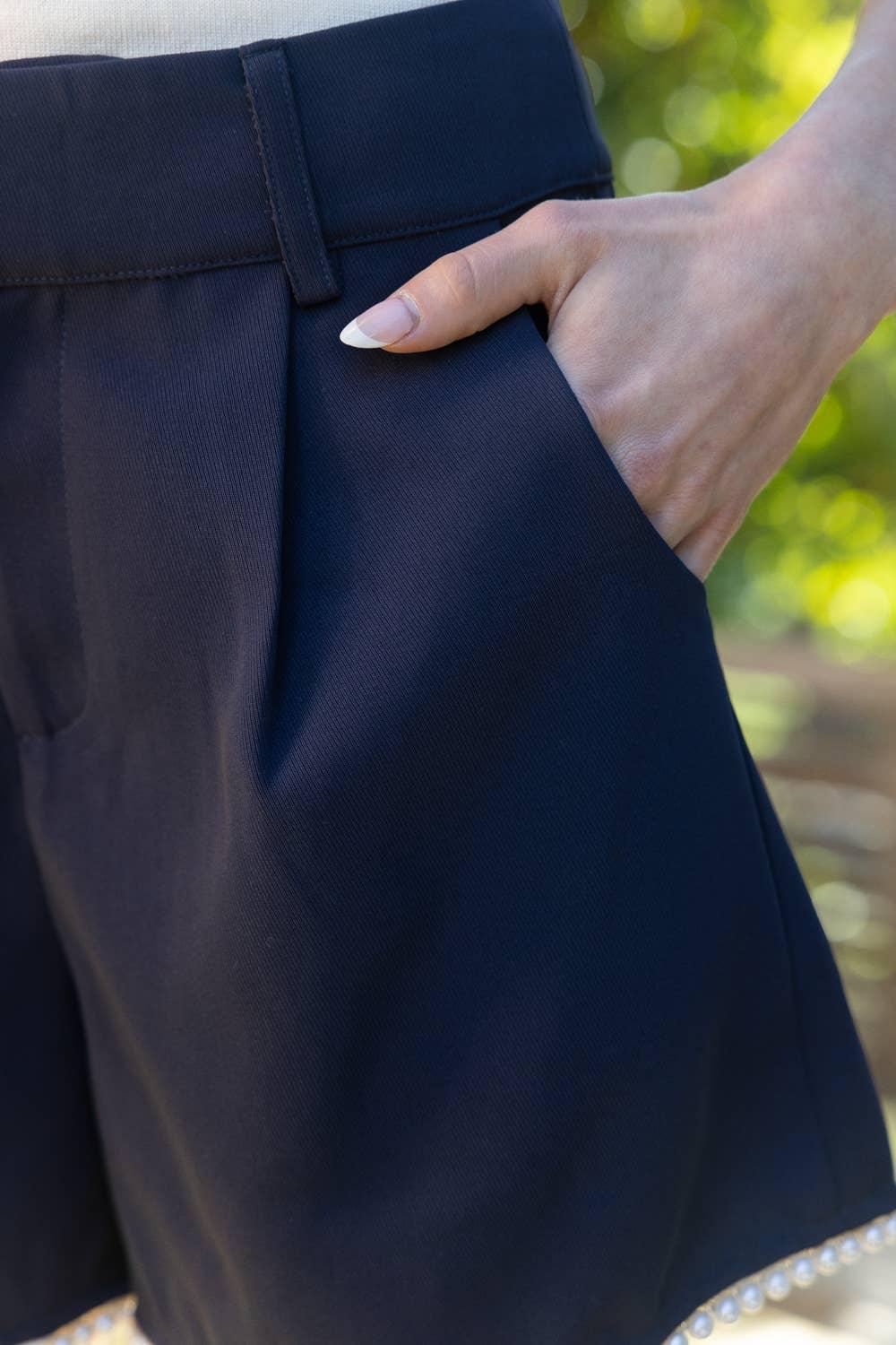 Pearl Trimmed Hem Pleated Shorts - blue - Bexa Boutique