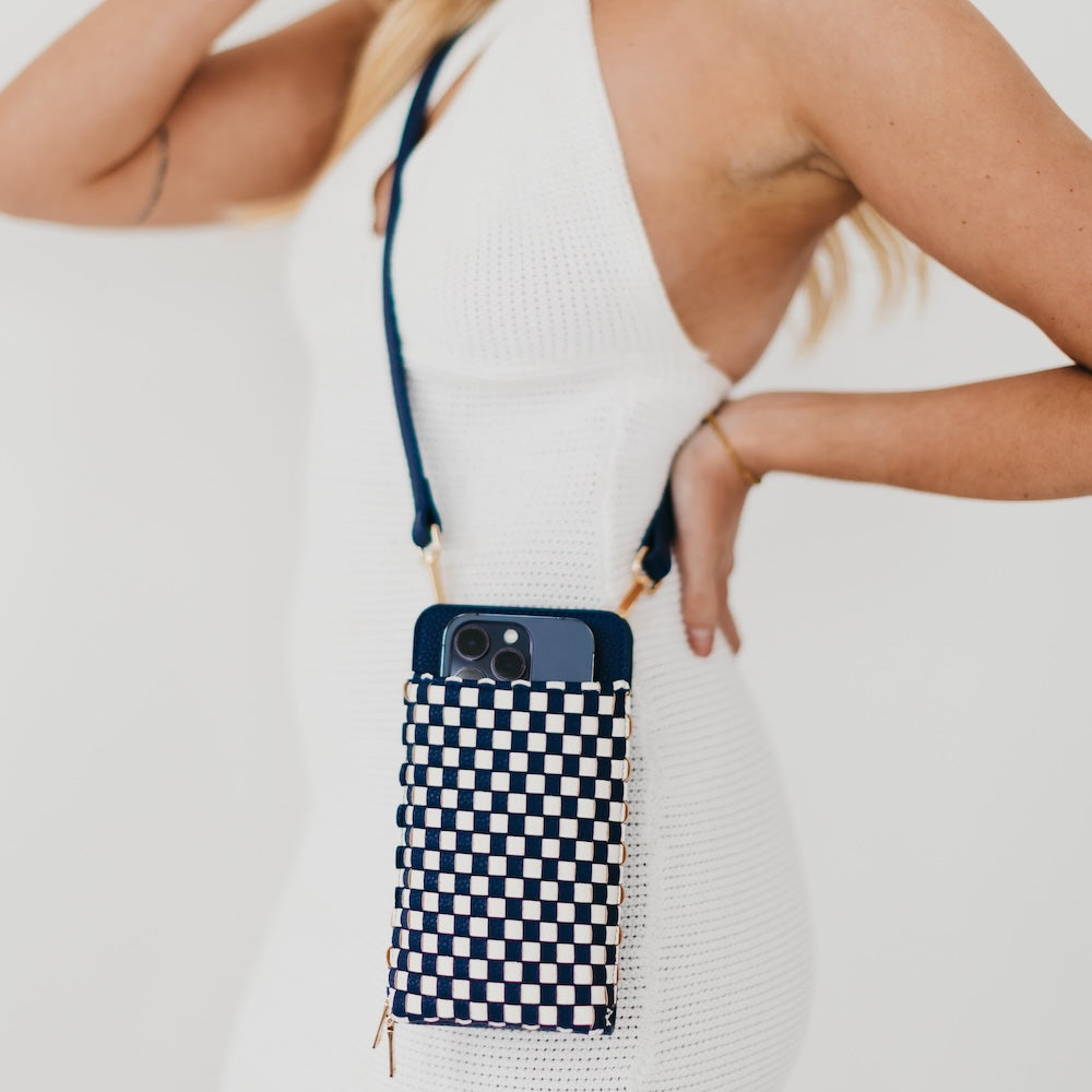 Woven Double Duty Phone Bag - Woven Checkered Coffee - Bexa Boutique